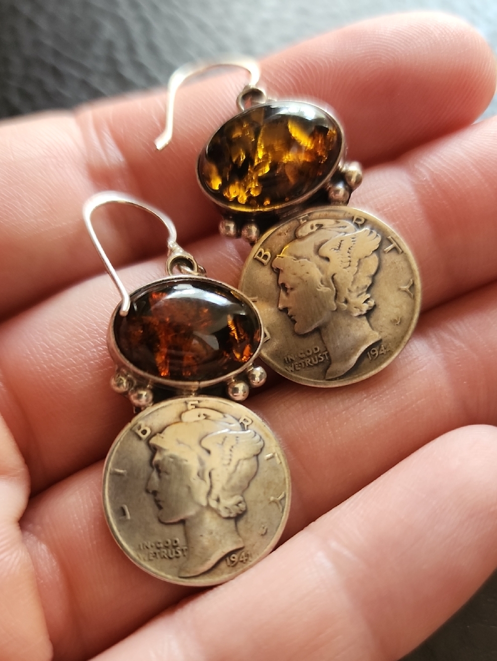 Vintage Sterling & Amber Coin Earrings